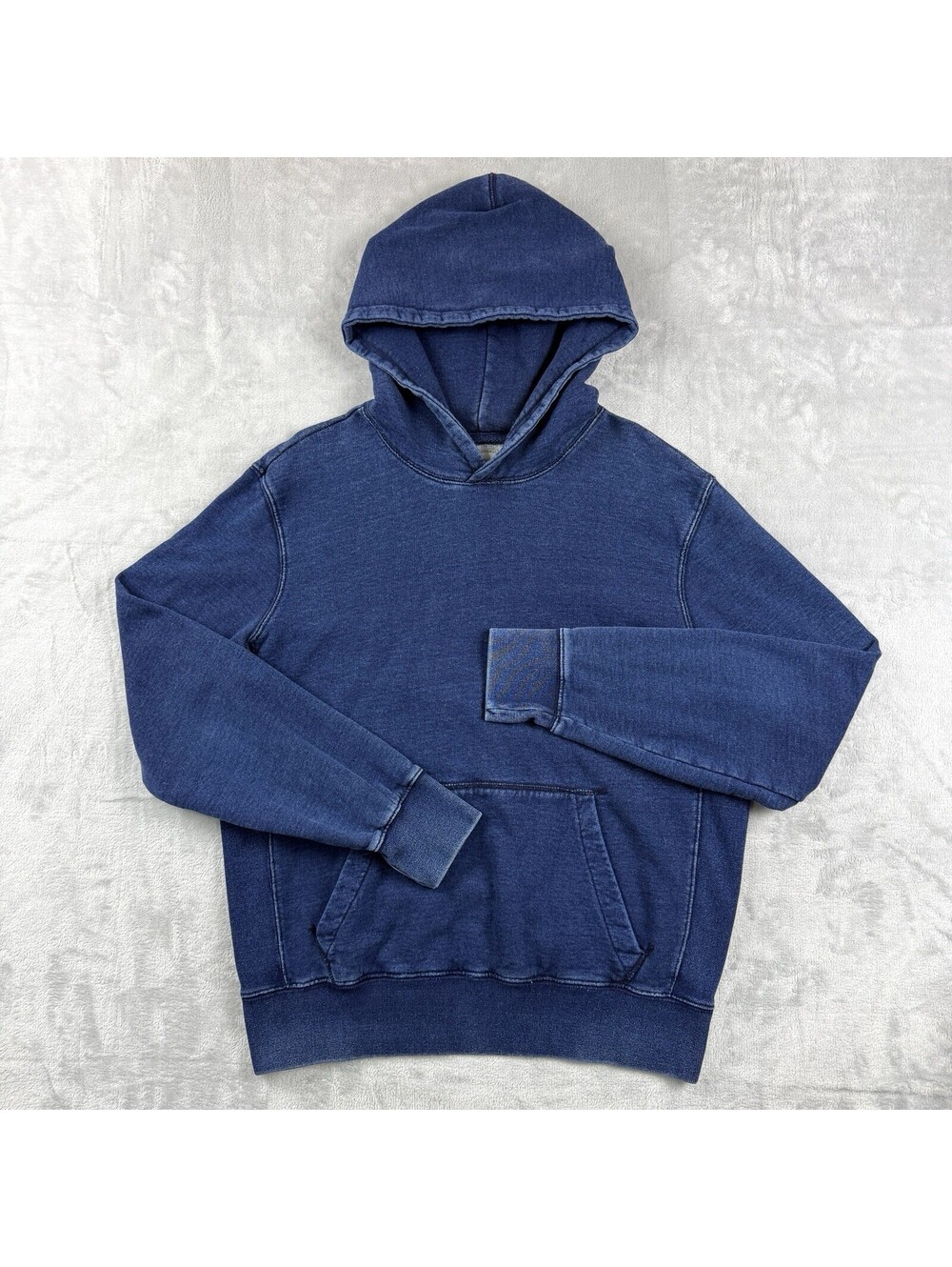 GAP Blue Indigo Wash Hoodie Distressed Faded Denim Fleece Men Size L Minimalist